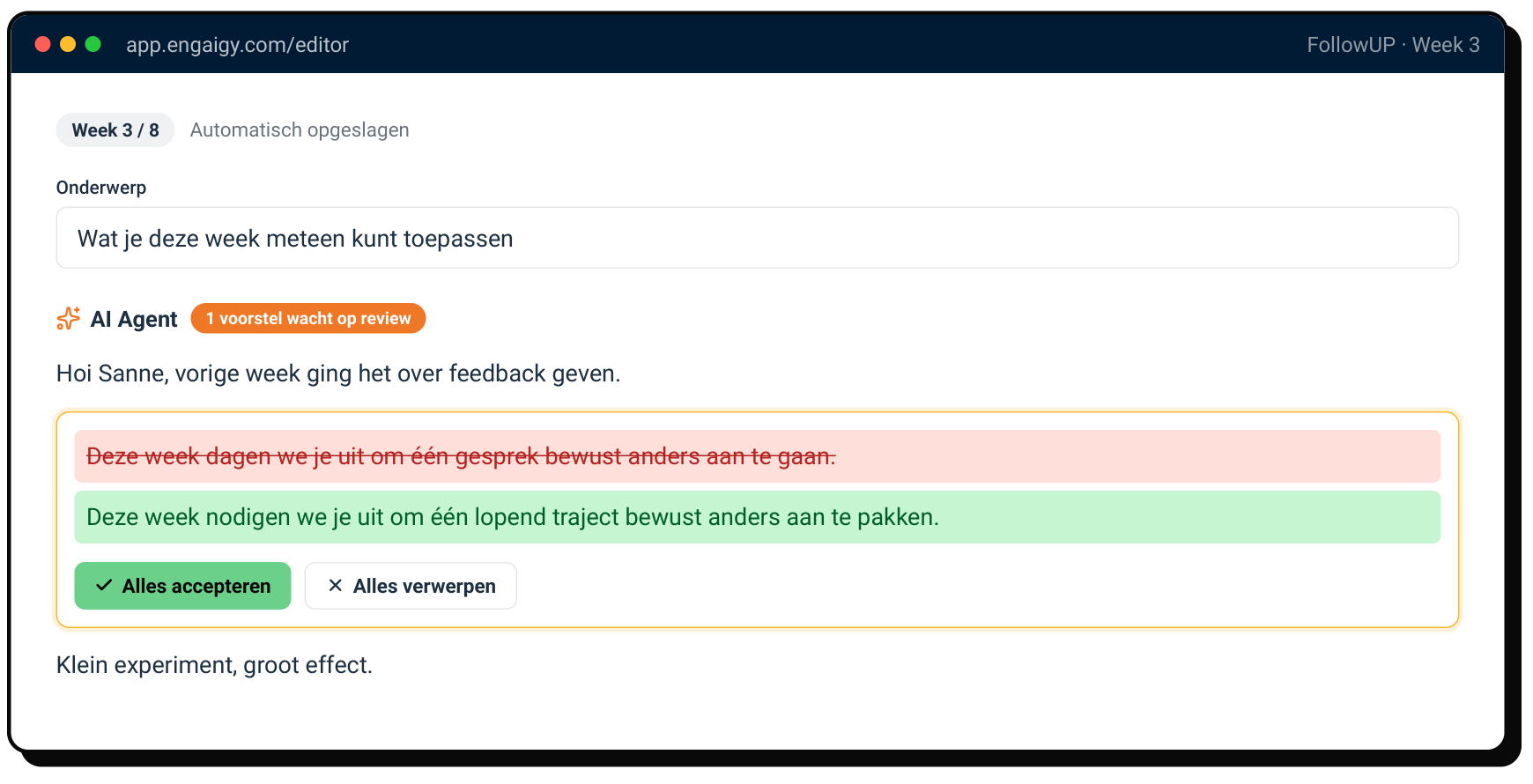 Engaigy inline AI editor suggesting edits in the trainer's voice