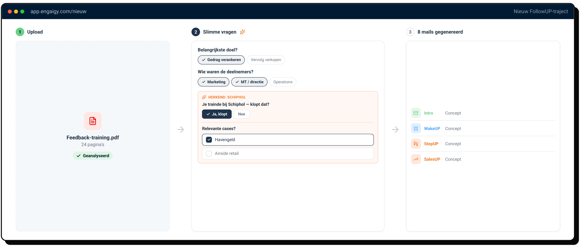 Engaigy: from PDF upload to a generated 8-mail follow-up program in three steps