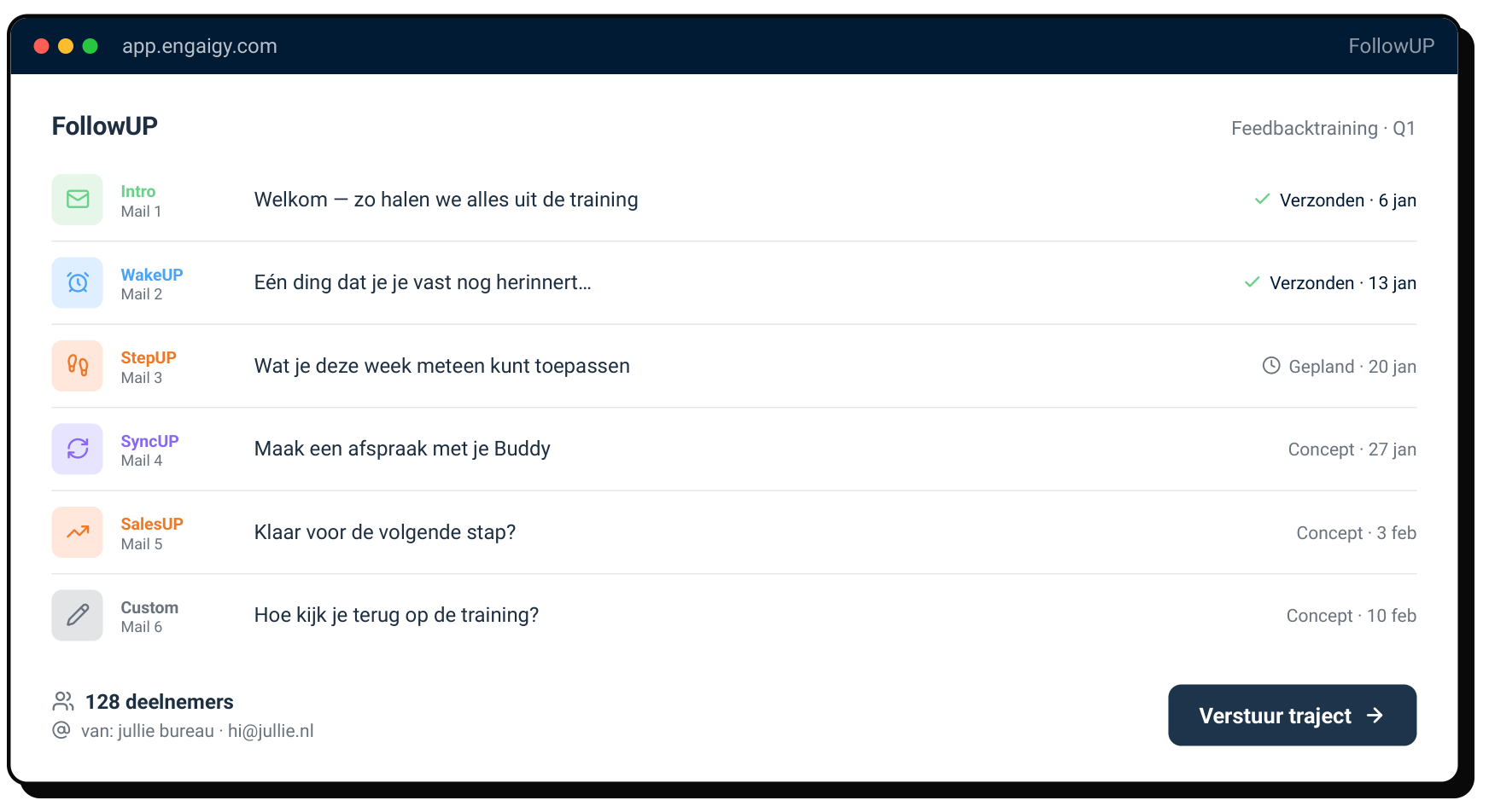 Engaigy sending overview: an 8-week mail program scheduled from the trainer's own address